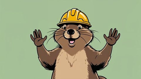 Cheerful cartoon beaver wearing yellow hard hat emphasizing safety