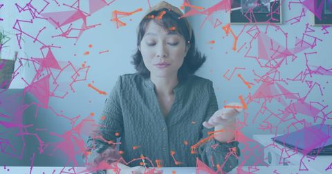 asian woman in office surrounded by plexus networks graphics - Download Free Stock Images Pikwizard.com