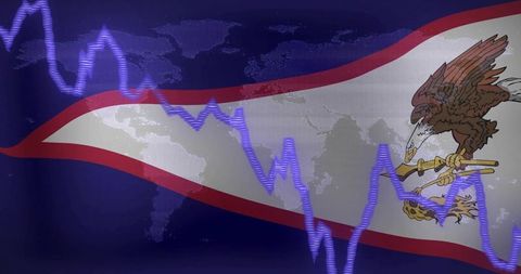 American samoa flag with declining financial chart overlay and global map background