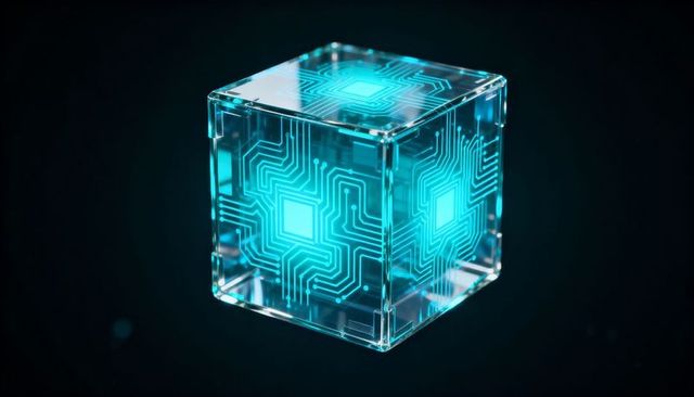 Transparent glass cube with neon circuit traces visualizing futuristic ai, tech and data
