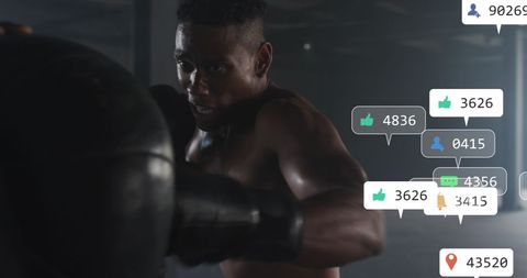Boxer training with social media interaction icons overlay