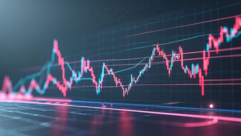Futuristic neon digital finance chart on grid floor background