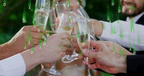 Corporate celebration toast with champagne flutes and digital binary code overlay