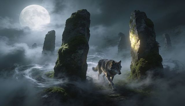 Moonlit wolf prowling ancient mossy monoliths through misty moor under full moon