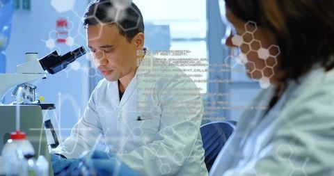 Biomedical Researcher Examining Microscope Sample with Digital Biotech Overlay, Lab Teamwork