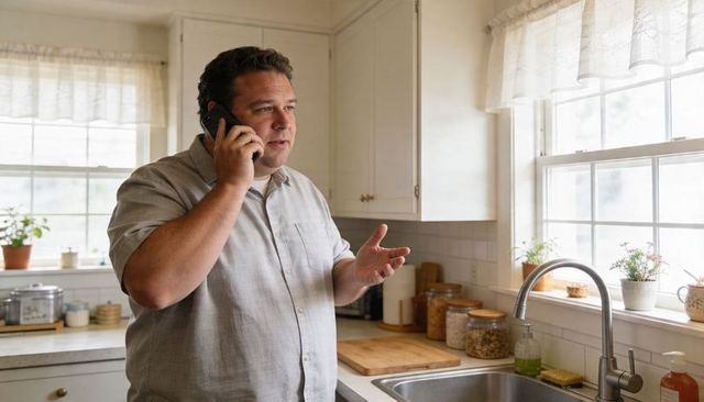 Middle-aged man talking on smartphone in bright minimalist kitchen standing by sink with jars