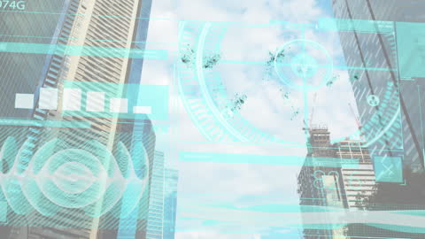 Futuristic Interface Overlay on Cityscape with Data Visualization