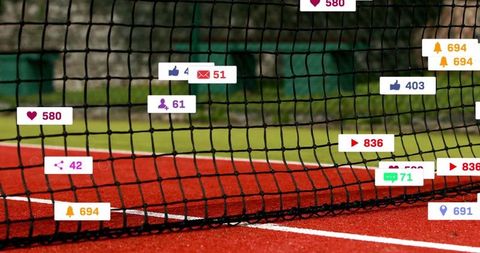 Tennis Net and Social Media Icon Overlays Illustrating Engagement
