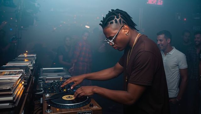 Nightclub dj cueing vinyl on vintage turntables, braided hairstyle, neon haze mixing beats live