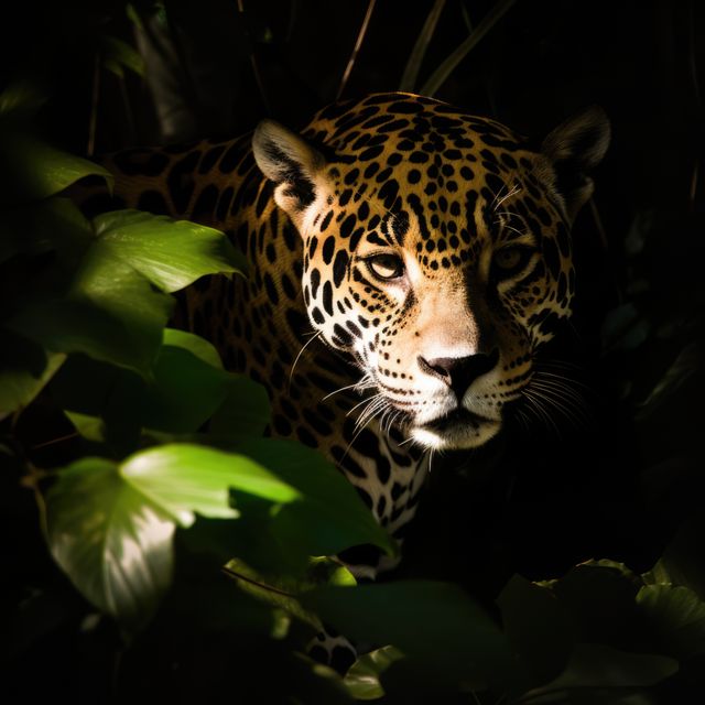 Portrait of jaguar in tropical jungle leaves and plants, created using generative ai technology. Wild animal, wildlife, nature and beauty in nature concept digitally generated image.
