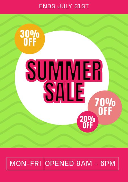 This colorful summer sale advertisement is ideal for promoting retail discounts and special offers. With bold text and bright colors, it grabs attention and highlights discounts of up to 70% off. Perfect for use on social media, online stores, and emails to announce sales. Suitable for banners, posters, and flyers to drive traffic to stores.