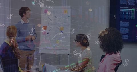 Diverse Team Analyzing Financial Data with Digital Interface Integration