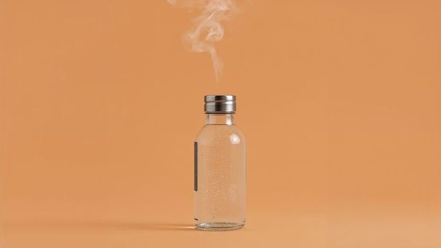 Glass bottle with vapor on orange background reflecting elegance