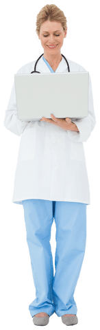 Blonde doctor in white coat using laptop on transparent background