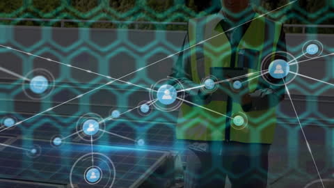 Digital Network Overlay on Engineer with Tablet on Solar Panel Rooftop