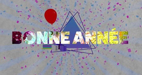 Bonne année typography celebrating new year with red balloon, gift boxes and confetti