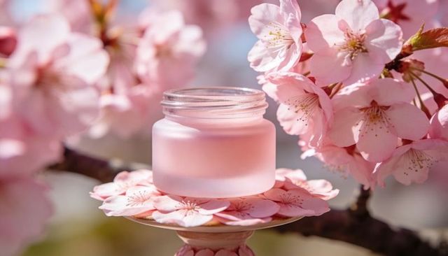 Frosted pink cosmetic jar on floral pedestal with cherry blossom petals spring skincare