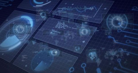Floating translucent blue panels displaying holographic dashboards, radar charts and code