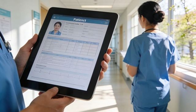 Clinician holding tablet reviewing electronic health record in bright hospital corridor