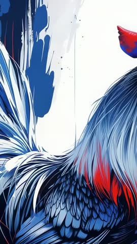 Vertical video opening shot framing vibrant rooster mural with expressive brushstroke details