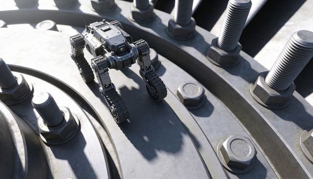 Compact four-legged tracked inspection robot on industrial flange with hex bolts