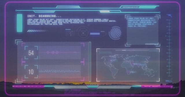 Futuristic Neon HUD Overlay on Scenic Sunset