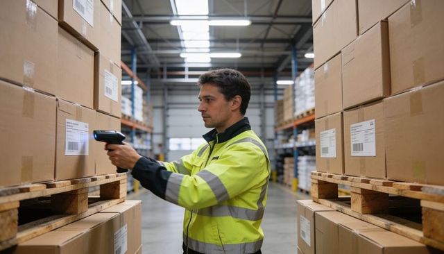 Warehouse worker scanning barcodes on pallet boxes in high-visibility jacket for inventory