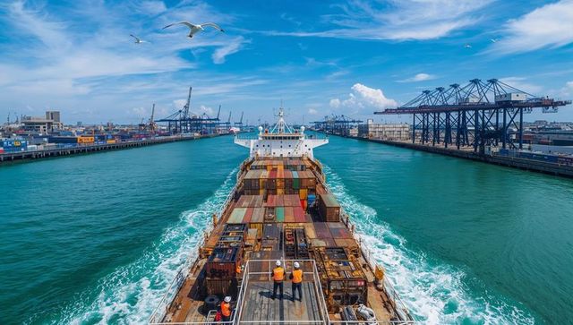 Container vessel sailing through busy port channel with crew on deck and industrial cranes