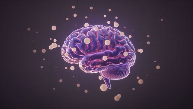 Futuristic 3D Brain Model with Floating Spheres in Digital Space