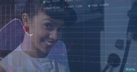 Smiling woman overlayed with financial and market data graphics