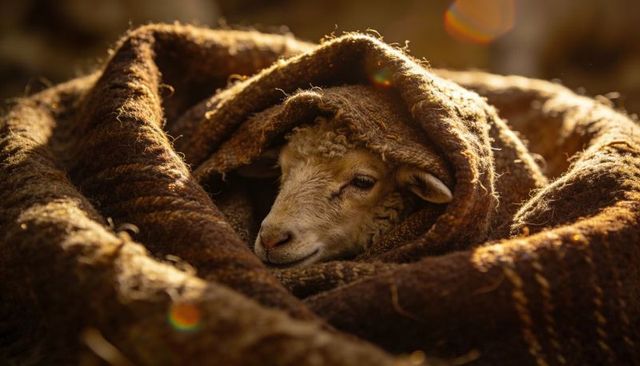 Lamb nestling in brown wool blanket with golden sunlight, hay and cozy wool texture