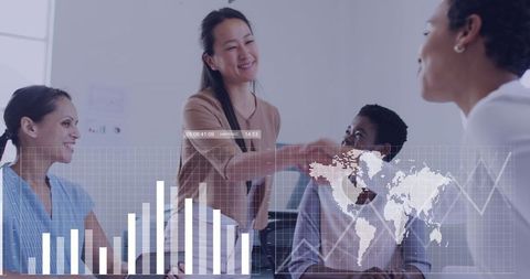 Diverse Business Team Collaborating with Data Analytics Overlay