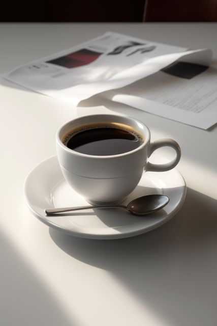 Cup of Coffee with Open Magazine on Sunlit Desk - Download Free Stock Images Pikwizard.com