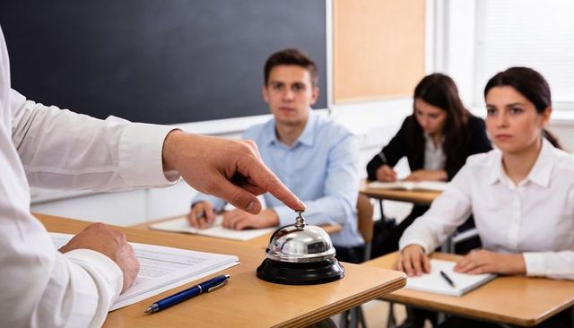 Instructor pressing desk bell signaling exam start while students taking written test