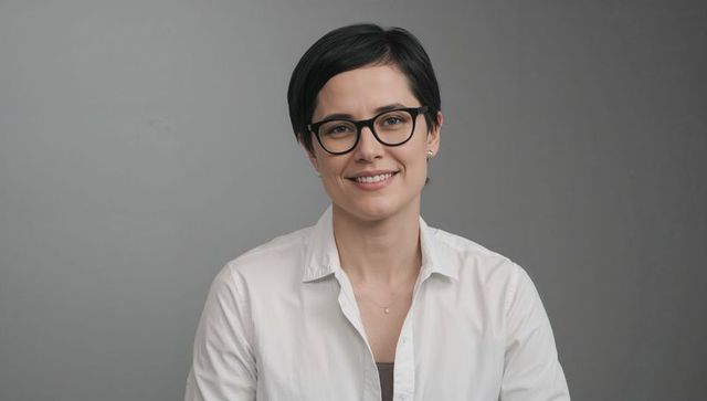 Smiling professional woman wearing black glasses and white shirt studio headshot on gray backdrop