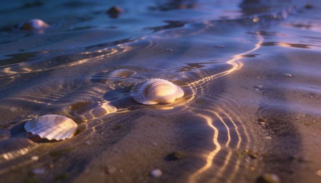 Golden low-tide scallop shell close-up on wet sand with rippling sunset light reflections