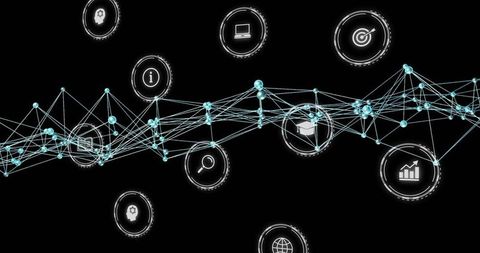 Abstract Network of Digital Connections with Floating Media Icons