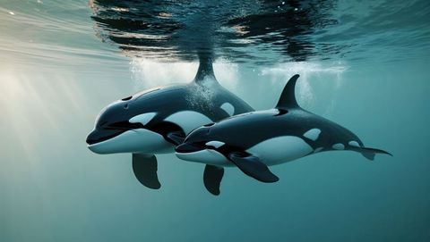 Orca pair gliding underwater with sunbeams and bubbles