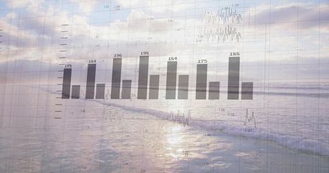 Business Data Overlaying Serene Ocean Horizon Double Exposure Bar Chart Concept