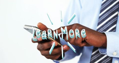 Businessman holding smartphone tapping learn more cta overlay for mobile engagement