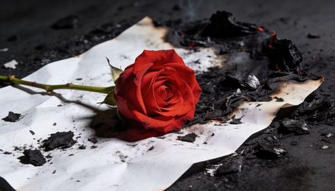 Smoldering Red Rose Resting on Scorched Paper with Charcoal Ash and Embers