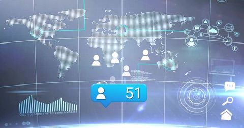 Displaying social notification badge 51 over global network data visualization dashboard