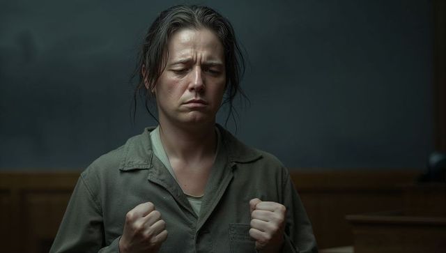 Woman clenching fists and bracing emotions in dim institutional interior