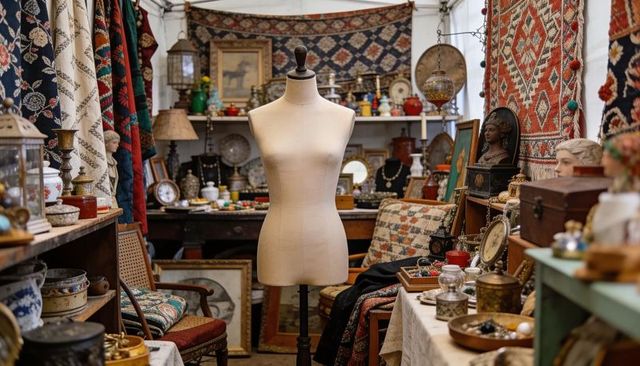 Vintage dress form standing in eclectic antique booth with patterned rugs, brassware