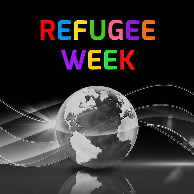Digital composite image of refugee week text against planet earth with lines on black background. global, support and awareness concept.