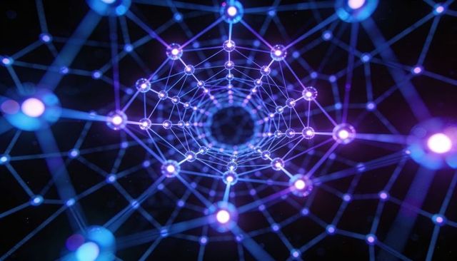 Glowing neural network tunnel connecting neon nodes in futuristic digital mesh