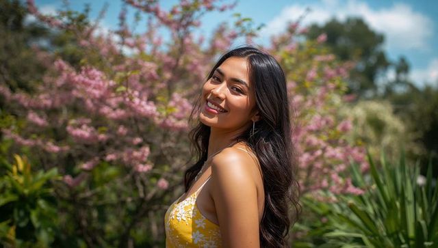 Smiling asian woman standing in sunny garden wearing yellow floral sundress with hoop earrings