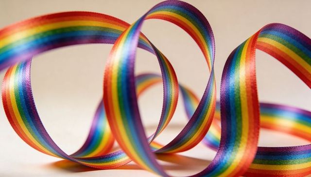 Curled rainbow satin ribbon creating fluid loops with silky sheen and soft shadows