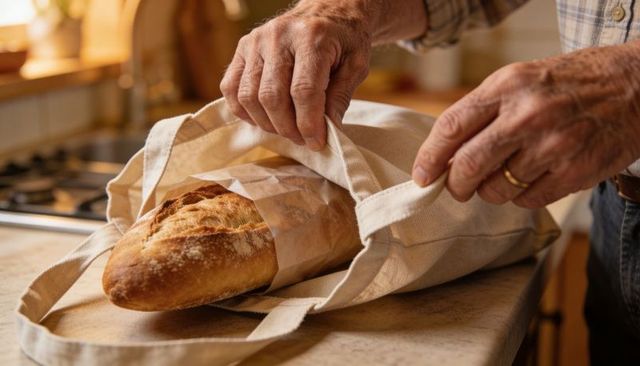 Senior hands placing fresh crusty baguette into canvas tote on sunlit rustic kitchen counter