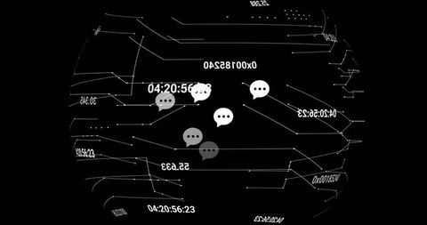 Rotating wireframe globe showing clustered chat bubbles and telemetry timestamps